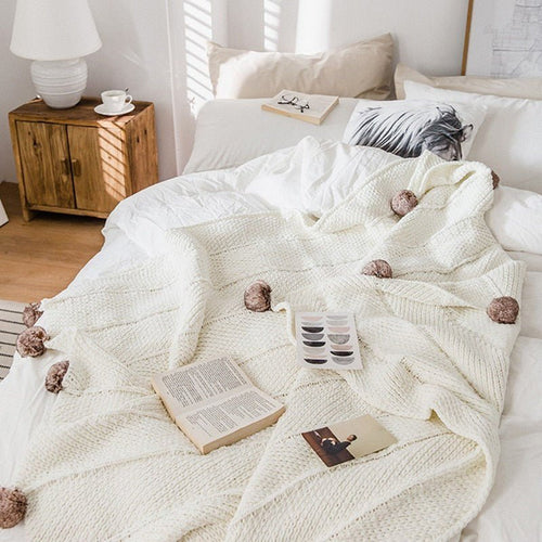 Chunky Knit Faux Fur Pompom Chenille Throw Blanket - The Finishing Touch Decor