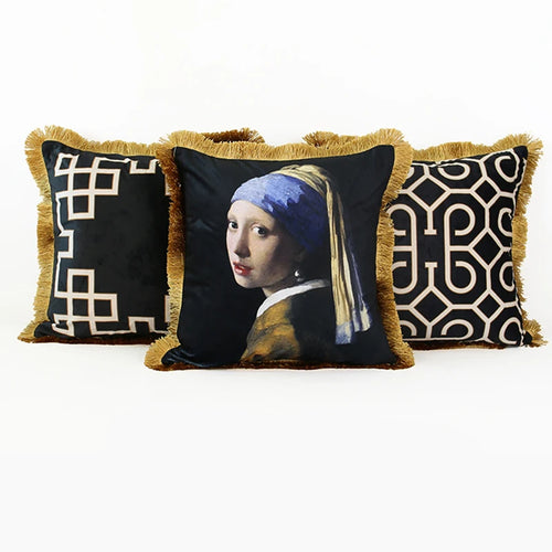 Black and gold geometric lumbar pillow case by The Finishing Touch Decor, European style with fringed edges, 30x50cm cushion cover.