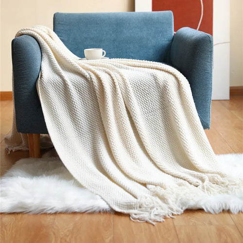Waffle Embossed Knit Fringed Throw Blanket Bedspread - The Finishing Touch Decor