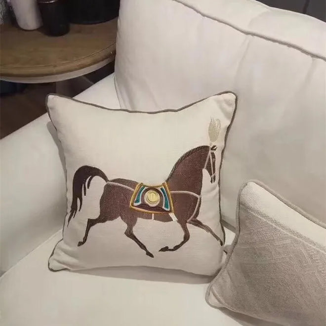 Modern Embroidery Horse Designer Pillow Case Sofa Cushion Cover White Canvas Home Bedding Decorative 45 x 45cm Sell by Piece