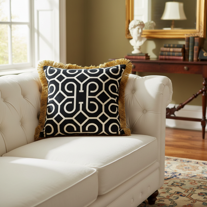 Gold Fringed Black Luxury Throw Pillow Covers