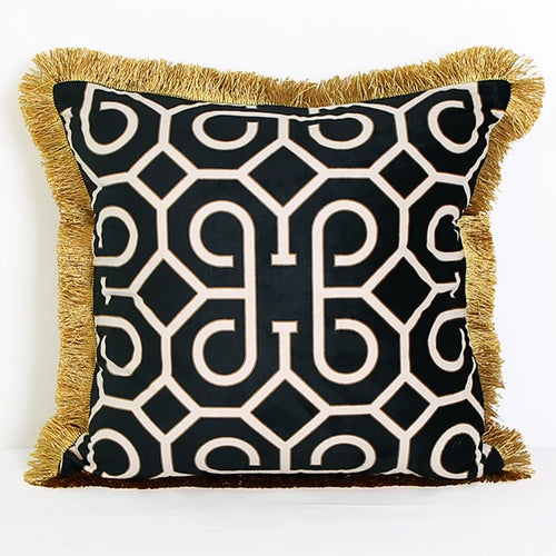 Black and gold geometric lumbar pillow case with fringed edges, European style luxury sofa cushion cover, 30x50cm.