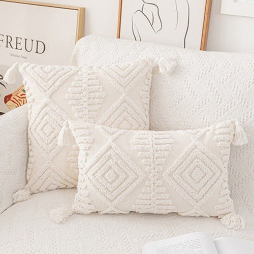 Neutral Ivory Linen Tufted Shams Geometric Pattern Nordic Throw Pillow Covers - The Finishing Touch Decor