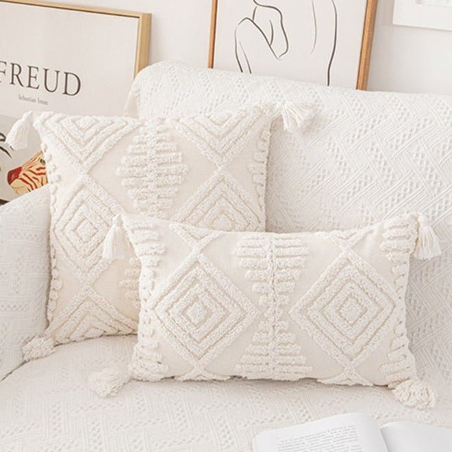 Neutral Ivory Linen Tufted Shams Geometric Pattern Nordic Throw Pillow Covers - The Finishing Touch Decor