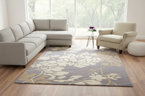 Grey Floral Pattern Thick Domestic Wool Area Rug