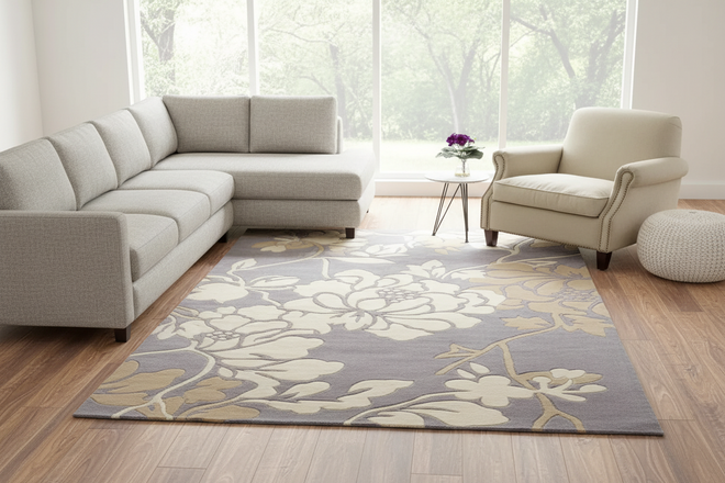 Grey Floral Pattern Thick Domestic Wool Area Rug