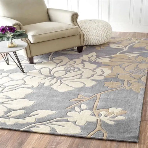 Grey Floral Pattern Thick Domestic Wool Area Rug