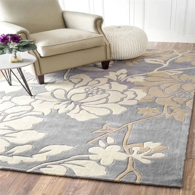 Grey Floral Pattern Thick Domestic Wool Area Rug