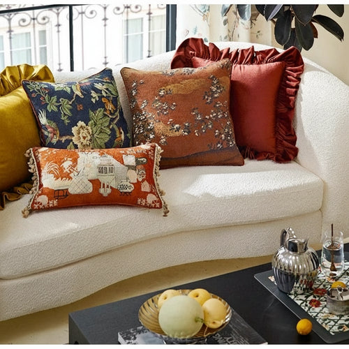 Spanish Retro Burgundy Orange Print Throw Pillow Covers