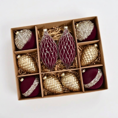 Set of 10 velvet holiday ornaments in red, green, and blue with sparkle accents, perfect for festive decor.