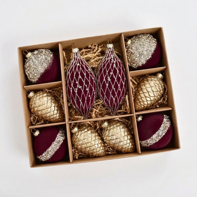 Set of 10 velvet holiday ornaments in red, green, and blue with sparkle accents, perfect for festive decor.
