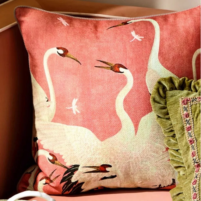 Chenille Crane Print Cottage Throw Pillows
