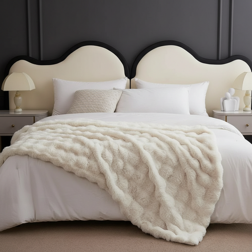 Faux Rabbit Fur Bubble Ribbed Plush Throw Blanket