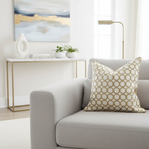 Gold chain link H style throw pillow cover from The Finishing Touch Decor, featuring a luxurious chain pattern on soft fabric.