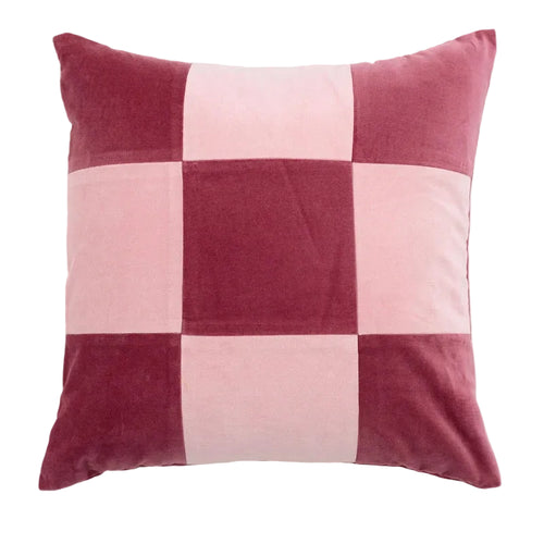 Colorful retro patchwork velvety throw pillows by The Finishing Touch Decor, showcasing vibrant patchwork designs on soft fabric