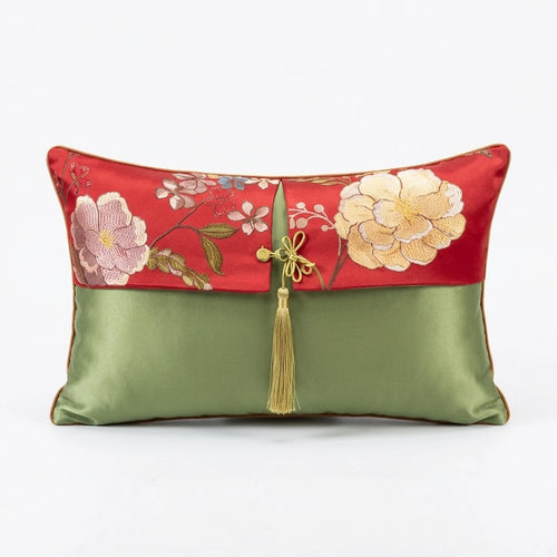 Elegant floral oriental embroidered satin throw pillow cover with intricate detailing, perfect for sophisticated home decor.