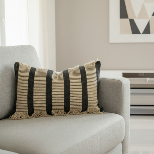 Luxury hemp rope striped throw pillow cover from The Finishing Touch Decor showing textured fabric with navy and cream stripes.