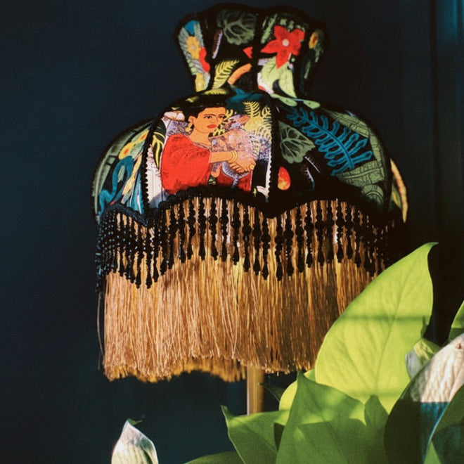 Eclectic Frieda Kahlo and jungle pattern lampshade by The Finishing Touch Decor, showcasing vibrant colors and artistic design.