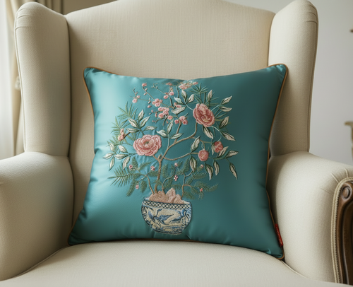 Embroidered floral Chinese design on decorative throw pillow cover, soft fabric, perfect for accenting sofa or bed decor.