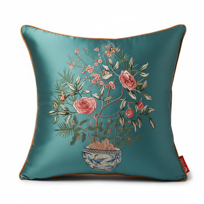 Elegant floral Chinese vase embroidered throw pillow cover by The Finishing Touch Decor showcasing intricate flower and vase design.