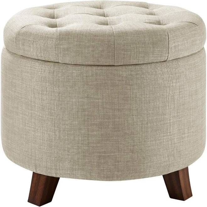 Upholstered Tufted Round Ottoman Footstool, Burlap Beige - The Finishing Touch Decor