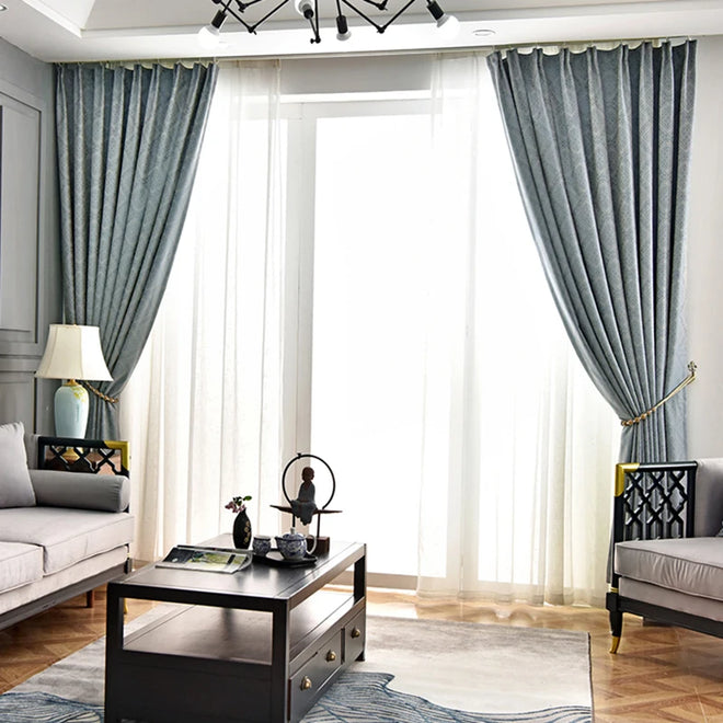 French Blue Luxury Jacquard Heavy Textured Curtains - The Finishing Touch Decor