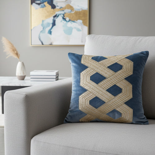 Blue velvet European style throw pillow cover with elegant stitched details, from The Finishing Touch Decor.