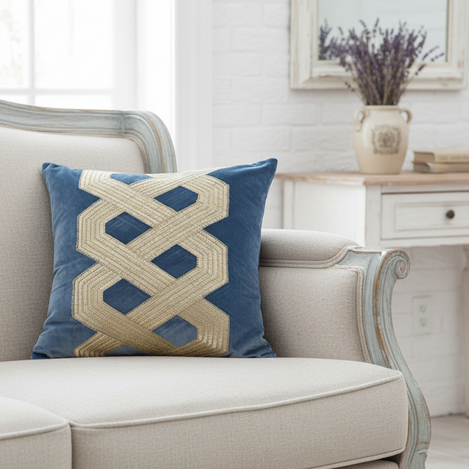 Blue velvet European style throw pillow cover from The Finishing Touch Decor, showcasing a plush, luxurious fabric with elegant stitching.