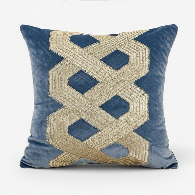 Blue velvet European style throw pillow cover from The Finishing Touch Decor, showcasing soft fabric and elegant design.