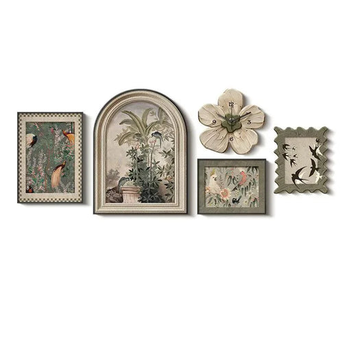 Framed 5 Pcs Set French Style Wall Art Prints, Murals and Clock - The Finishing Touch Decor