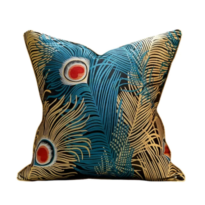 Jewel-toned Satin Peacock Feather Embroidered Throw Pillow Cover - The Finishing Touch Decor