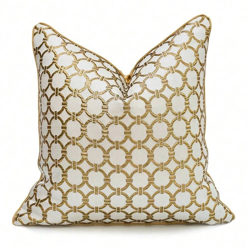 Gold chain link H style throw pillow cover from The Finishing Touch Decor featuring a luxurious chain link pattern on soft fabric.