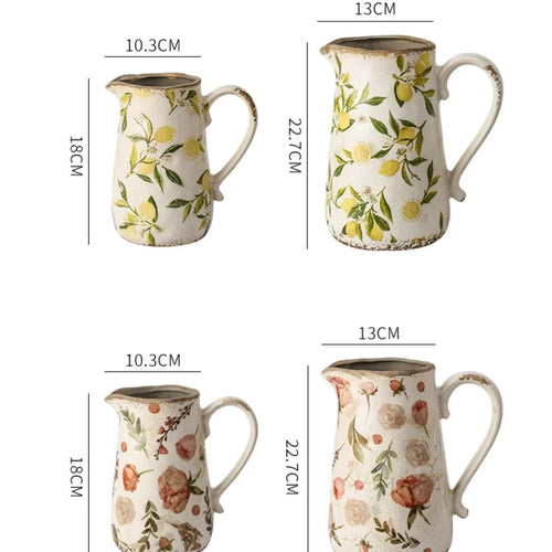 Decorative farmhouse cottage pitcher vase with vintage finish, ideal for rustic floral arrangements or home decor.