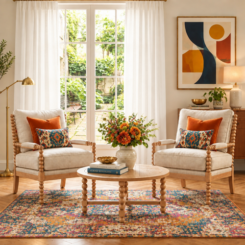 Linen Spindle Arm Wood Frame Accent Chair