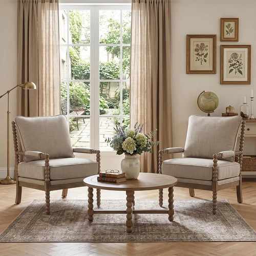 Linen Spindle Arm Wood Frame Accent Chair