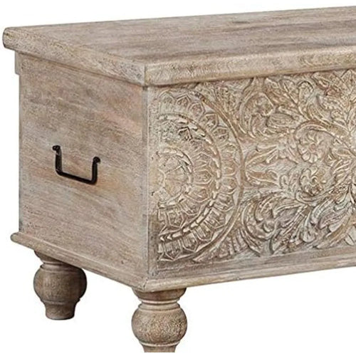 Fossile Ridge Boho Carved Wood Storage Bench with Hinge Top,