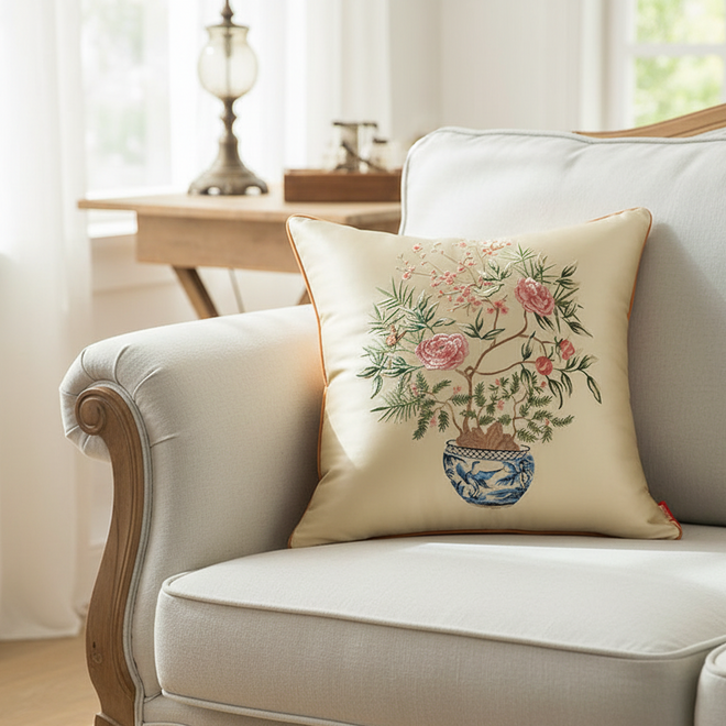 Embroidered floral Chinese vase design on decorative throw pillow cover by The Finishing Touch Decor.