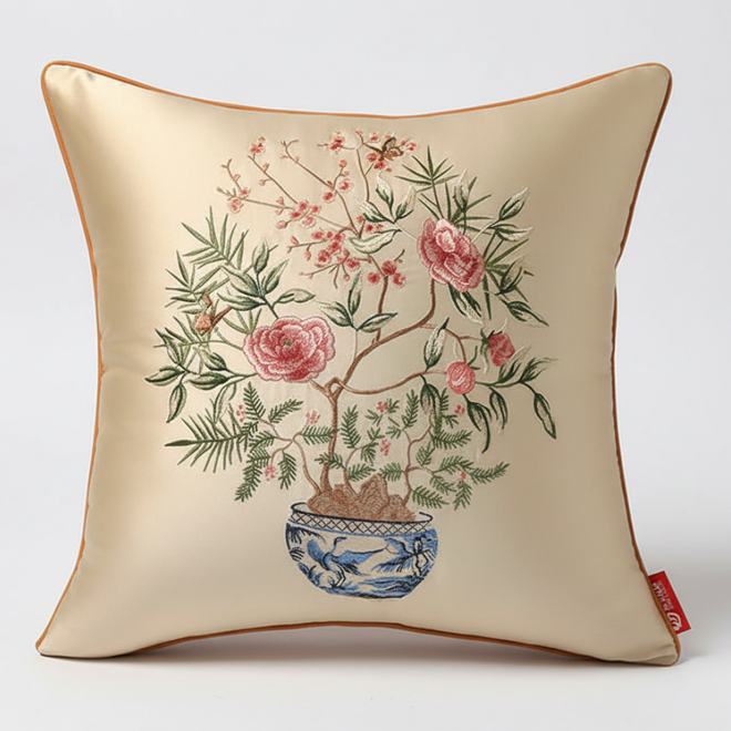 Embroidered floral Chinese vase design on decorative throw pillow cover, soft fabric with intricate embroidered pattern.