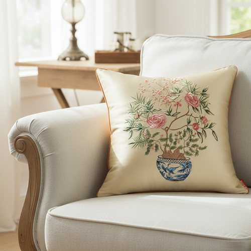 Floral Chinese embroidered throw pillow cover with intricate embroidery and vibrant floral design, ideal for decorative cushions.