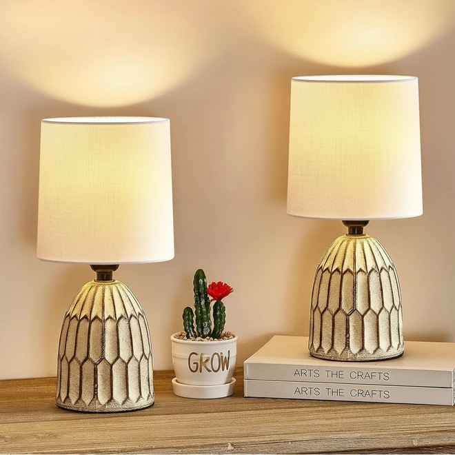 Set of 2 farmhouse ceramic table lamps with hand-painted boho style, 13.5 inches tall, for bedroom, living room, or office decor.