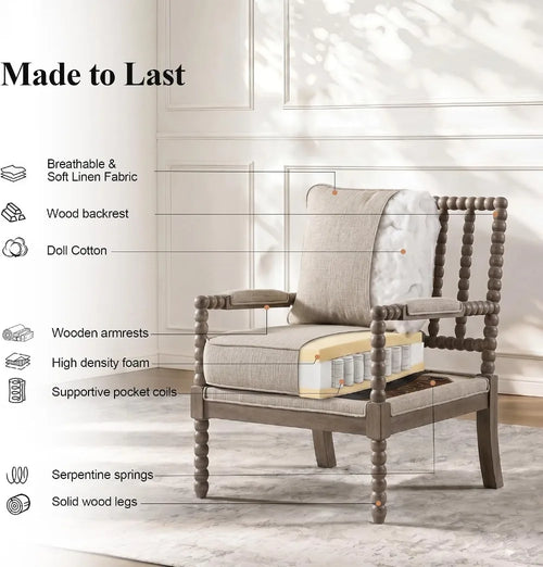 Linen Spindle Arm Wood Frame Accent Chair