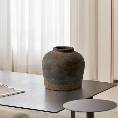 Brown ceramic rustic decorative vase, 11-inch size, with textured finish, perfect for home decor accents.