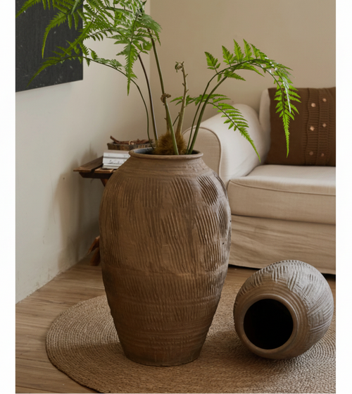 Rustic Zen large terracotta floor vase by The Finishing Touch Decor, decorative ceramic vase with earthy textured finish.