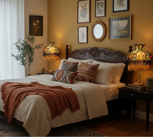 Eclectic Frieda Kahlo and jungle pattern lampshade by The Finishing Touch Decor, featuring vibrant artwork and detailed fabric design.