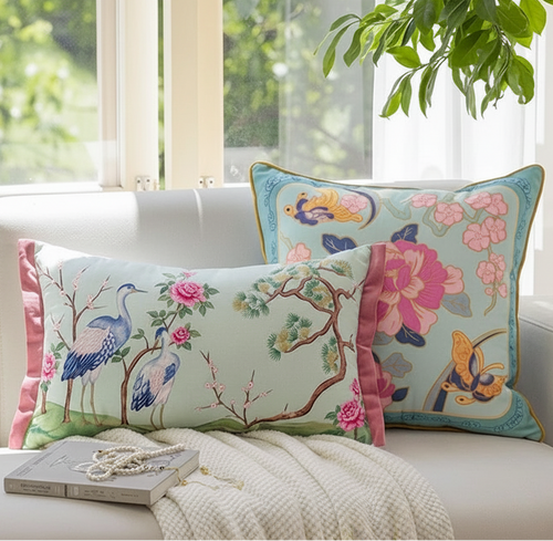 Crane & Pink Flowers Velvet Throw Pillow Covers