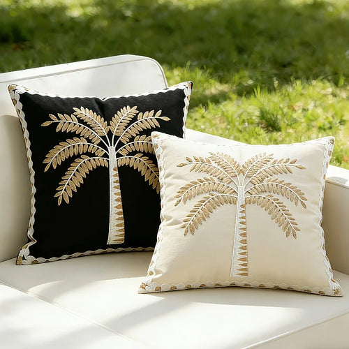 Decorative linen pillowcase with vintage floral palm tree embroidery, ideal for spring and summer country-style cushions.
