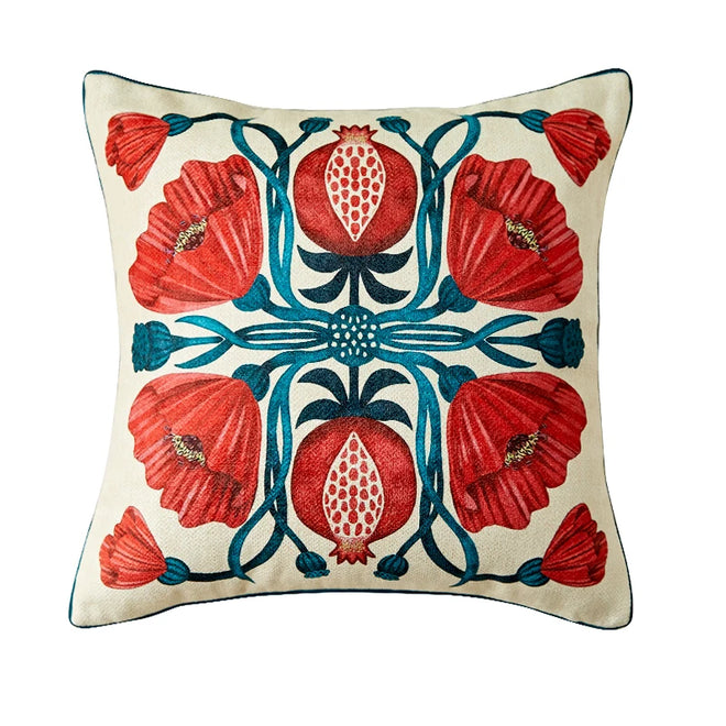 Red floral European-style cushion cover with retro garden flower design for sofa or chair home decor by The Finishing Touch Decor
