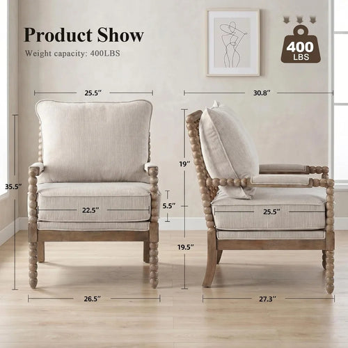 Linen Spindle Arm Wood Frame Accent Chair