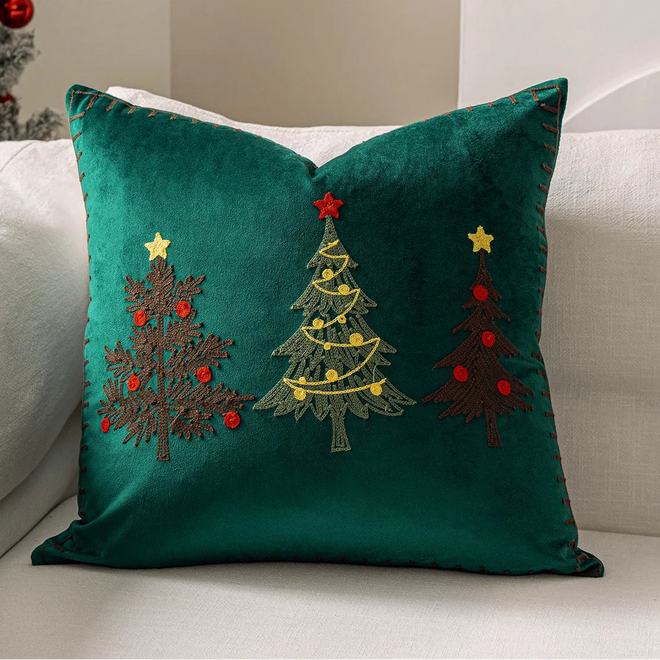 Velvet Embroidered Christmas Tree Throw Pillow Covers