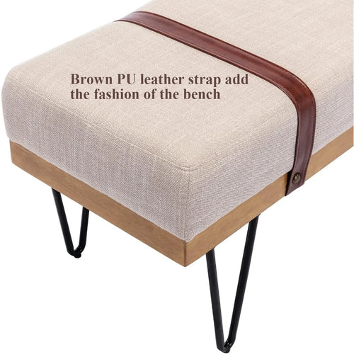 Industrial Modern Linen Rectangle Ottoman Bench with PU Strap and Metal Legs, Mid Century Dining Table Bench Footstool Entryway